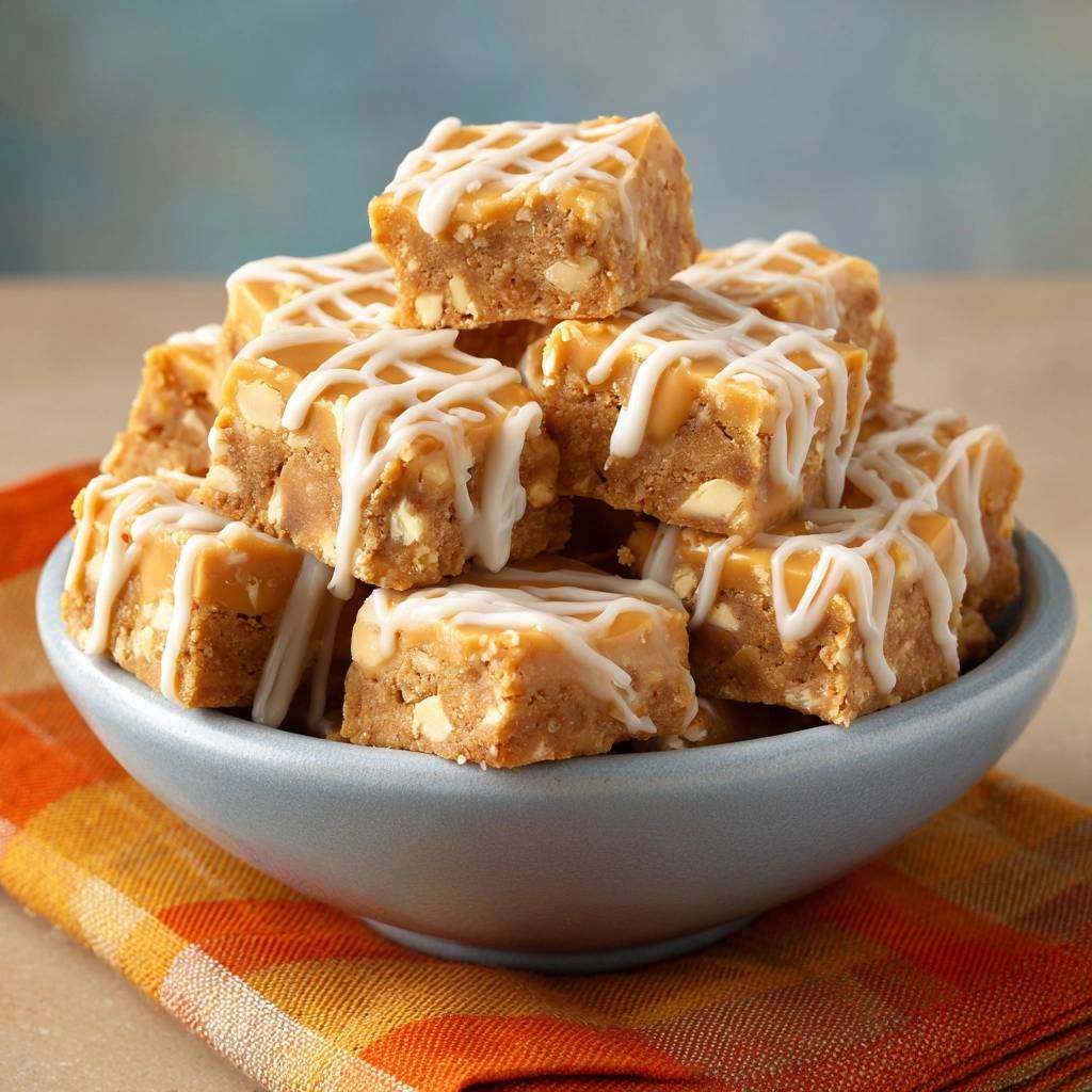 Erdnussbutter-Mandel-Fudge-Riegel in einem blauen Napf, garniert mit weißer Glasur, auf einem karierten Tuch.