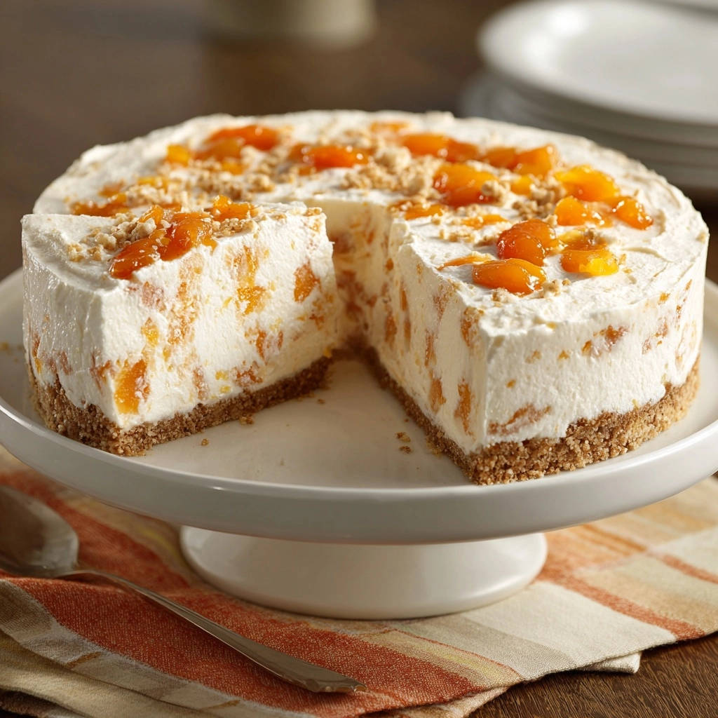Erfrischender Orangen-Käsekuchen ohne Backen angeschnitten auf einer Tortenplatte mit Fruchtstücken im Inneren