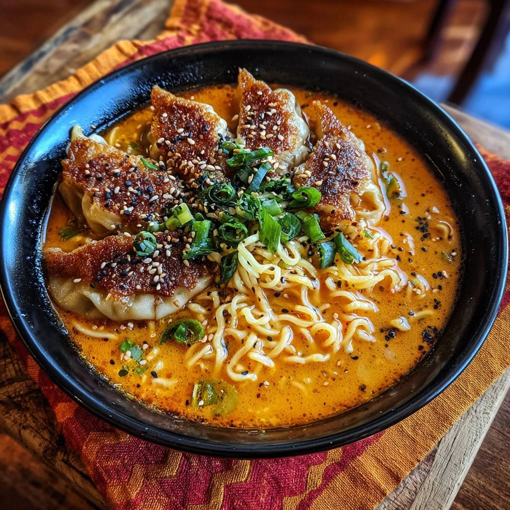 Feurige Fleischbällchen-Gyoza-Ramen mit detaillierter Garnitur aus Frühlingszwiebeln und Sesam über den goldbraunen Gyoza.