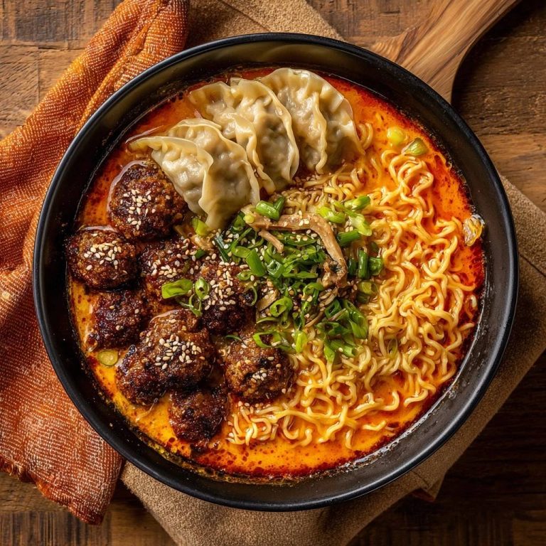 Feurige Fleischbällchen-Gyoza-Ramen von oben mit Gyoza, Fleischbällchen und Frühlingszwiebeln serviert.