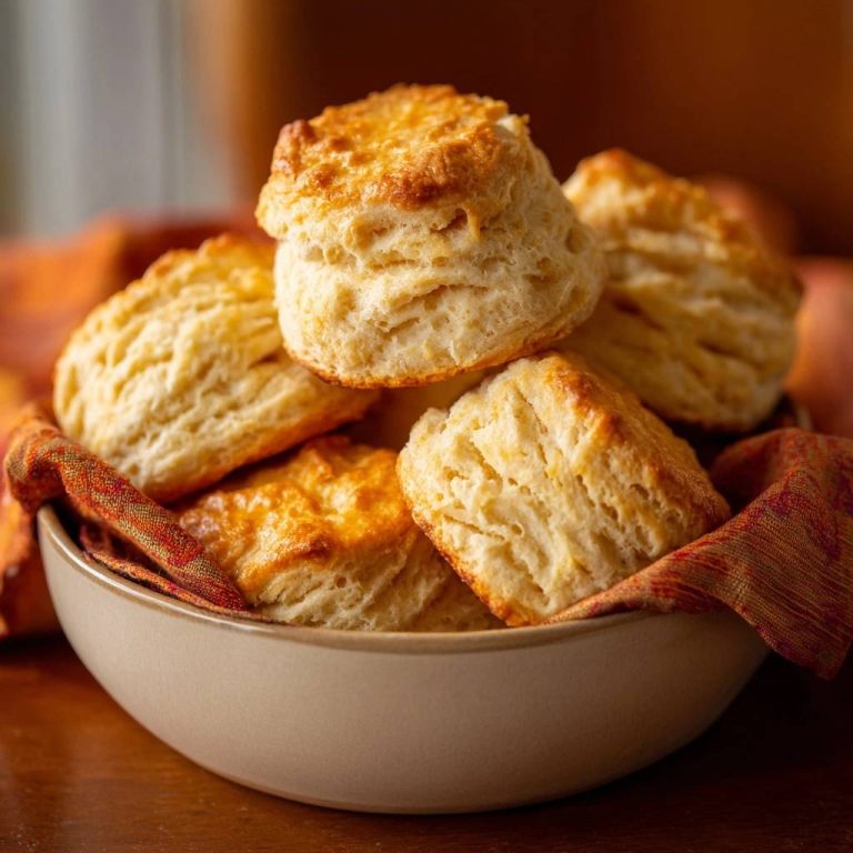 Fluffige Buttermilch-Biscuits in einer Schüssel, nah aufgenommen und mit einem gemusterten Tuch ausgelegt.