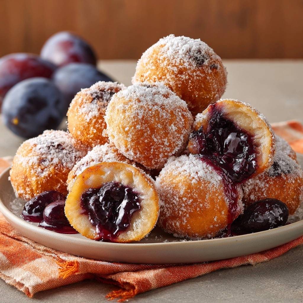 Fluffige Zwetschgenknödel angeschnitten, die die dicke Pflaumenfüllung und den Puderzucker zeigen.