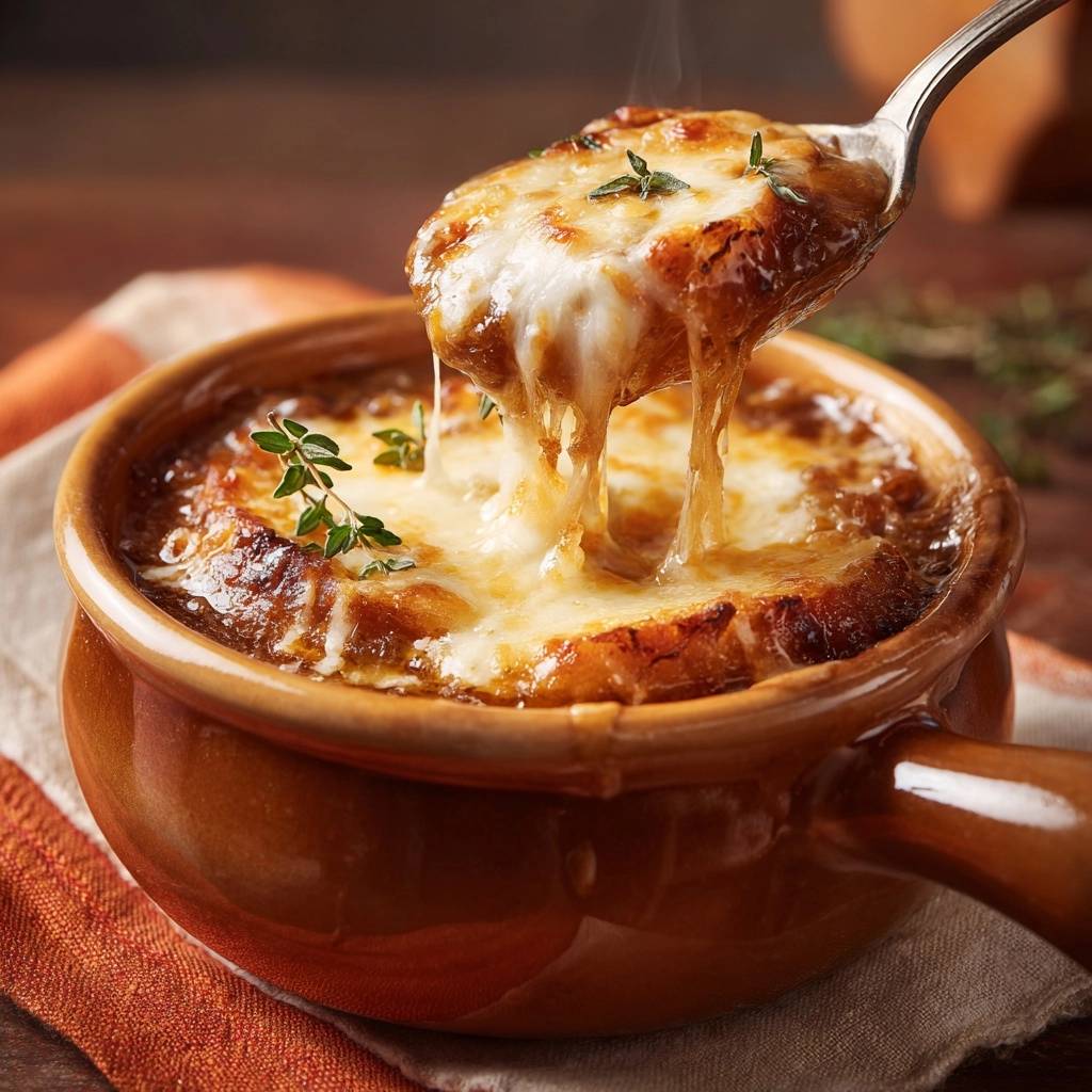 Französische Zwiebelsuppe mit goldener Kruste und geschmolzenem Käse, der von einem Löffel herabzieht.