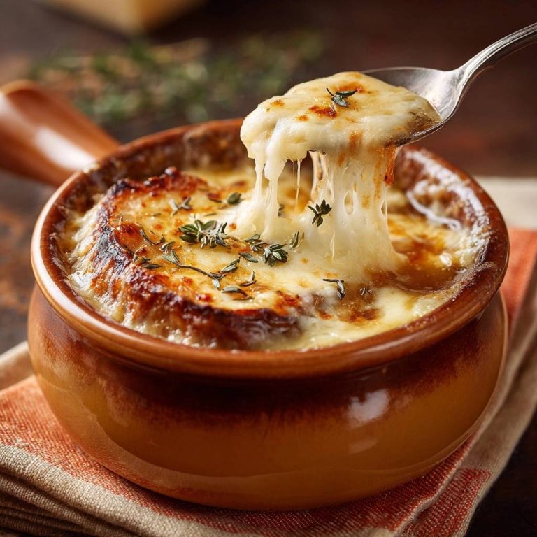 Französische Zwiebelsuppe mit einer köstlichen goldenen Käsekruste und langen Käsefäden, die von einem Löffel gezogen werden.