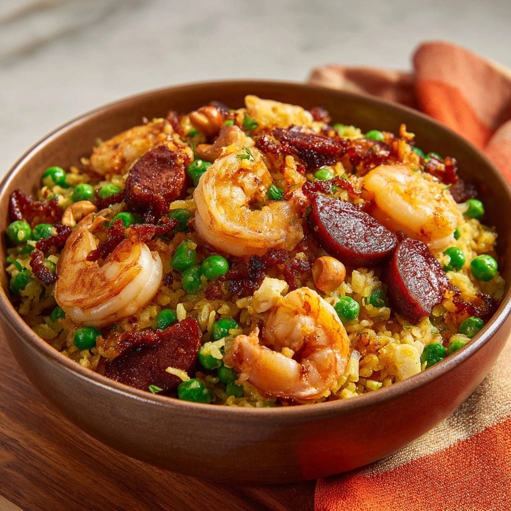 Garnelen-Fried-Rice mit Cashews & Wurst, eine Nahaufnahme des Gerichts in einer braunen Schüssel mit Garnelen, Erbsen und Wurststücken.