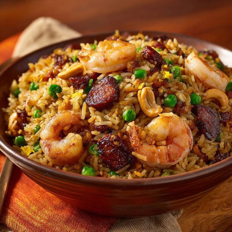 Garnelen-Fried-Rice mit Cashews & Wurst, eine Nahaufnahme einer Schüssel mit dampfendem Reis, Garnelen, Erbsen und Cashewkernen.