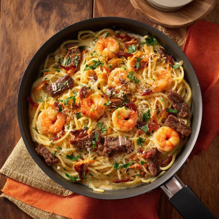 Cremige Garnelen-Rindfleisch-Spaghetti mit Bacon in einer Pfanne von oben serviert, mit Petersilie und Parmesan garniert.