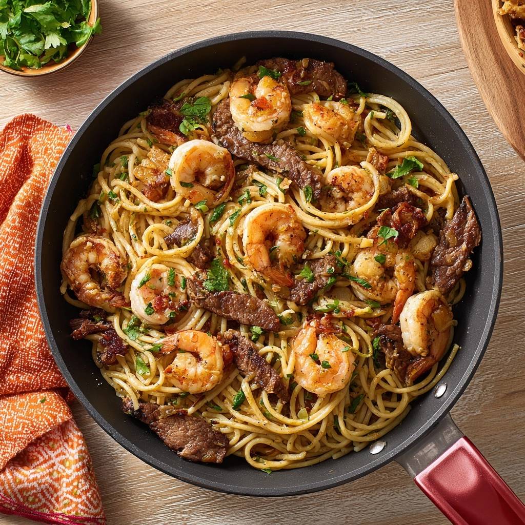 Cremige Garnelen-Rindfleisch-Spaghetti mit Bacon, von oben in einer Pfanne serviert mit frischer Petersilie garniert.