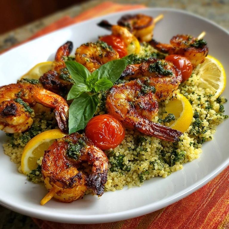 Saftige Garnelen-Spieße mit Kräuter-Couscous, serviert mit Zitrone und Basilikum, in einer Nahaufnahme auf einem weißen Teller.