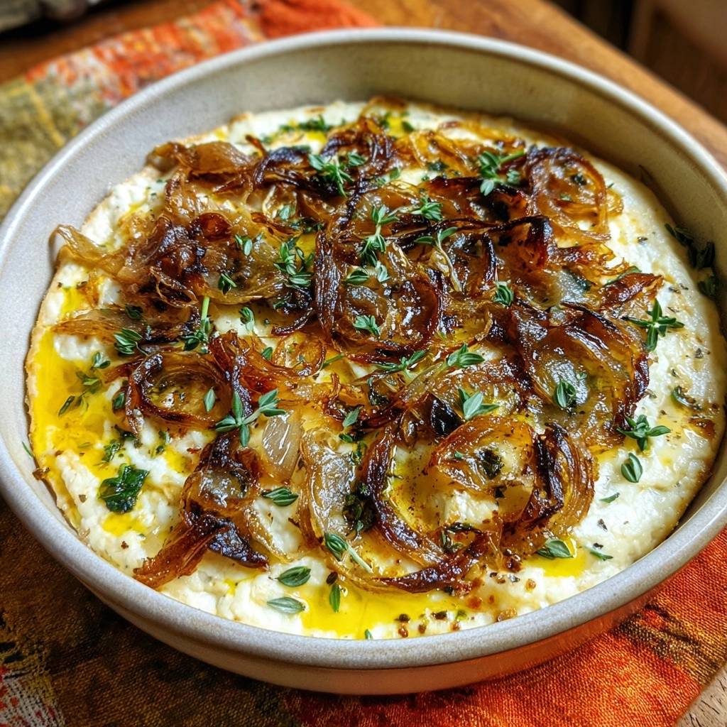 Gebackener Brie mit Karamellzwiebeln, garniert mit frischen Kräutern und einem goldenen Schuss Öl in einer Schüssel.