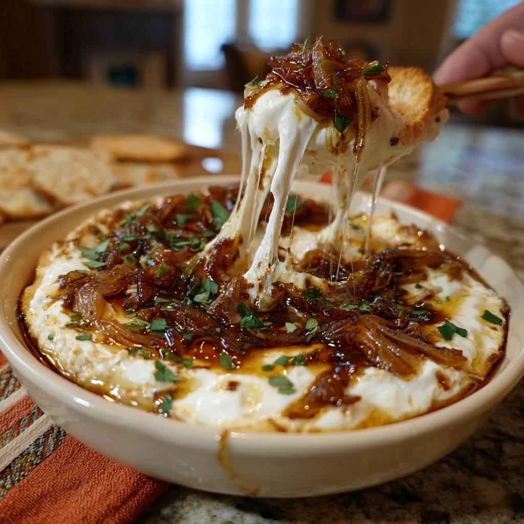 Gebackener Brie mit Karamellzwiebeln, bei dem ein Stück mit geschmolzenem Käse aus der Schüssel gezogen wird.