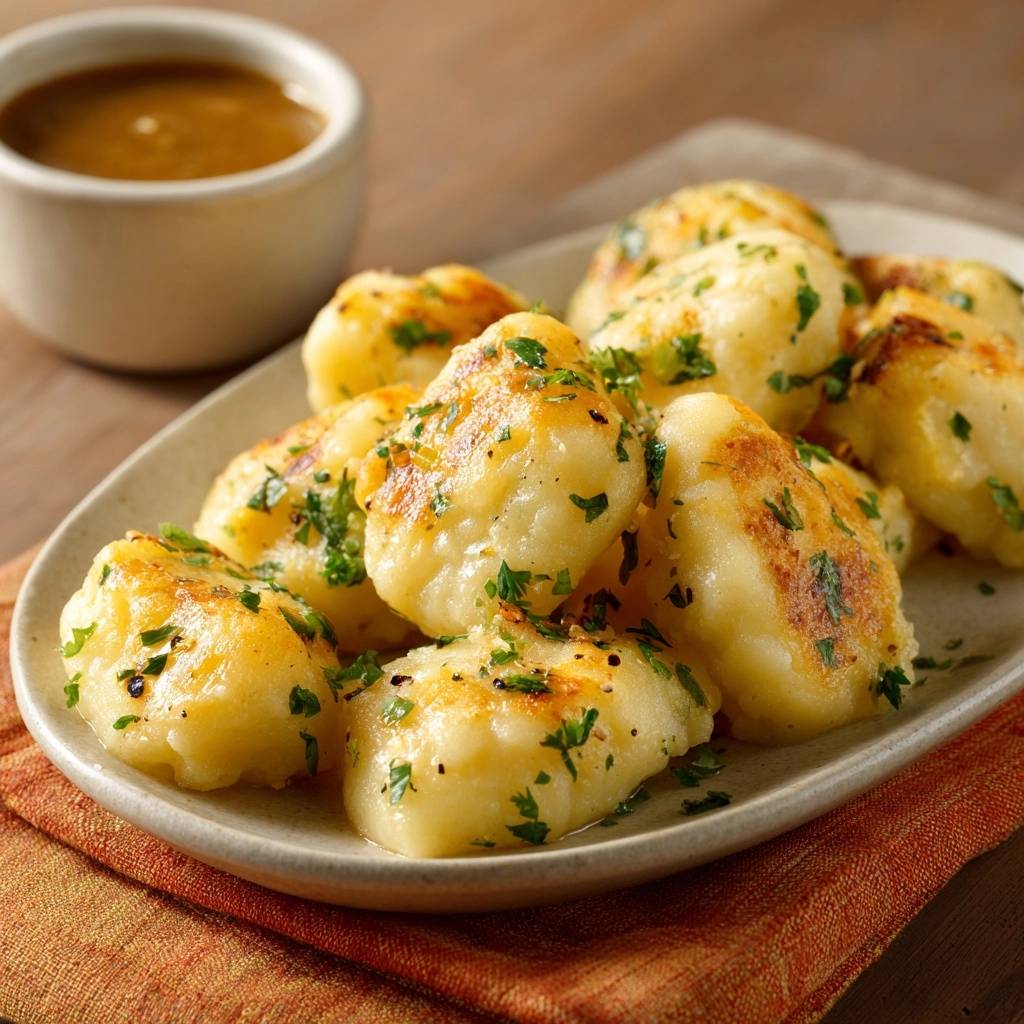 Knusprige gebratene Kartoffelknödel mit frischer Petersilie garniert, serviert auf einem Teller mit einer Schüssel Sauce.