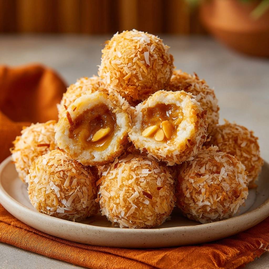 Gefüllte Aprikosen-Kokosbällchen angeschnitten, die das süße Fruchtfüllung und die Nüsse im Inneren zeigen.