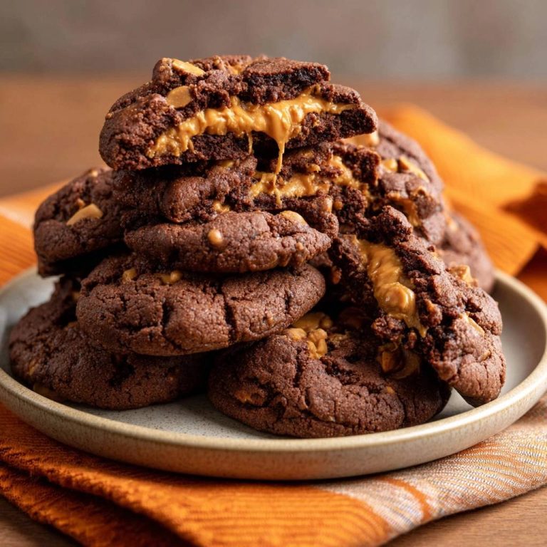 Gefüllte Schoko-Erdnussbutter-Cookies angeschnitten, mit flüssiger Erdnussbutterfüllung und Schokoladenstückchen im Querschnitt.