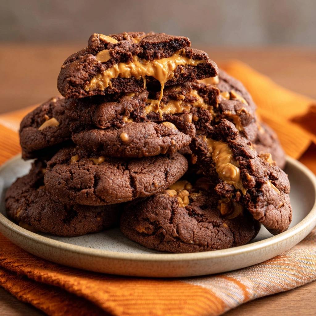 Gefüllte Schoko-Erdnussbutter-Cookies angeschnitten, mit flüssiger Erdnussbutterfüllung und Schokoladenstückchen im Querschnitt.