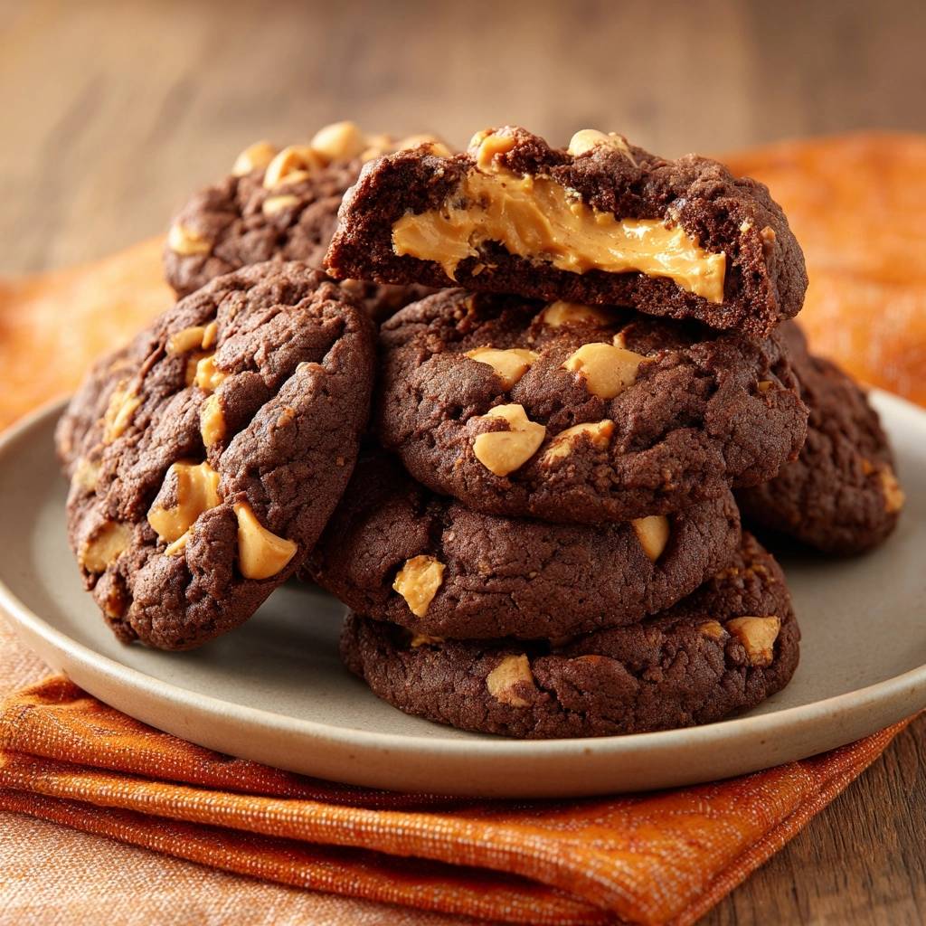 Gefüllte Schoko-Erdnussbutter-Cookies im Anschnitt, die cremige Erdnussbutterfüllung ist gut sichtbar