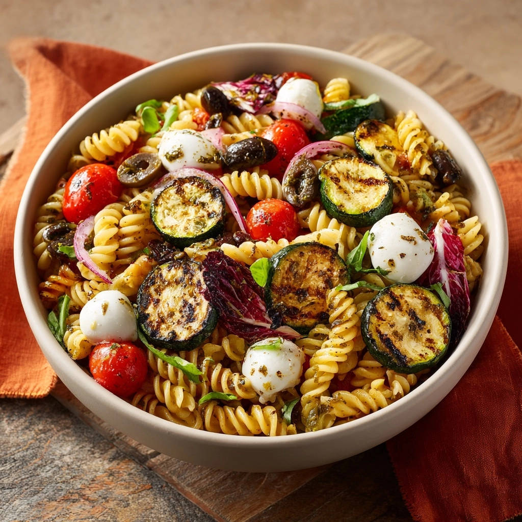 Gegrillter Sommer-Nudelsalat in einer Schüssel, nah aufgenommen mit gegrilltem Gemüse, Mozzarella und Radicchio.