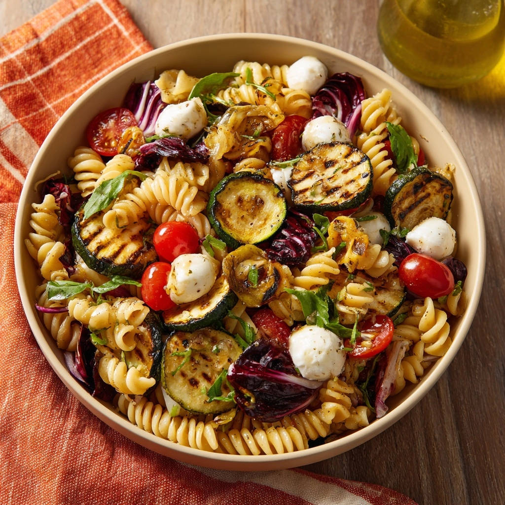 Gegrillter Sommer-Nudelsalat in einer Schüssel, nahaufnahme der gegrillten Zucchini, Mozzarella und Radicchio.