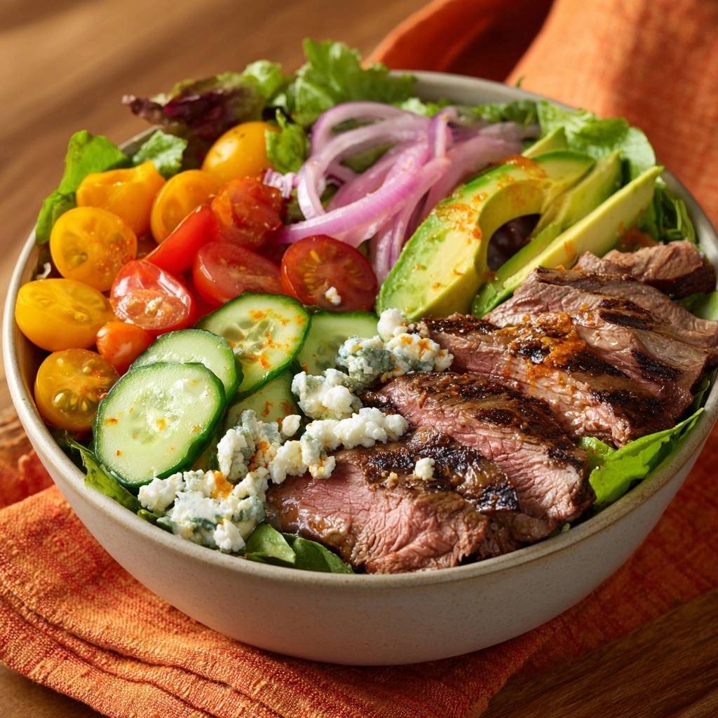 Gegrillter Steak-Salat mit Avocado & Blaukäse, nahaufnahme der Blauschimmelkäse-Streusel auf dem Steak.