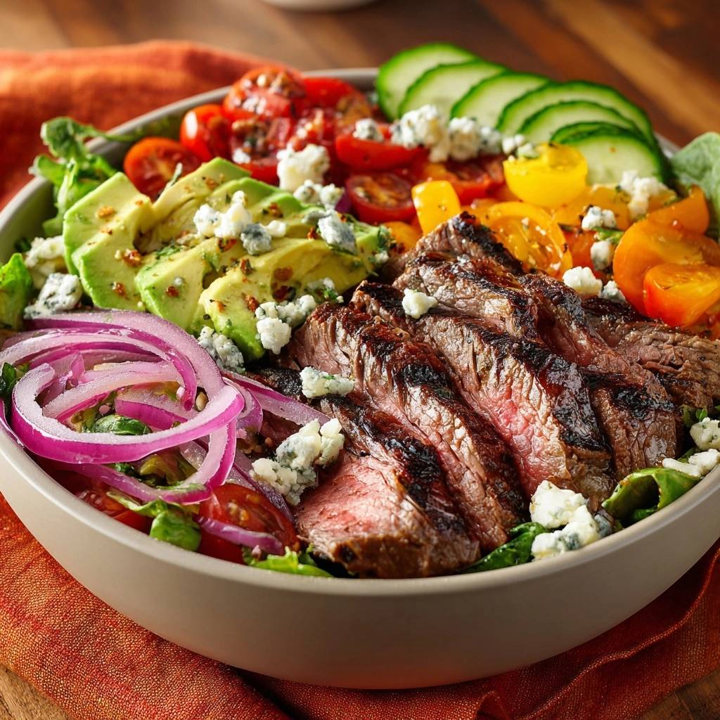 Gegrillter Steak-Salat mit Avocado & Blaukäse, nahaufnahme der geschnittenen Steakstreifen und frischen Zutaten.