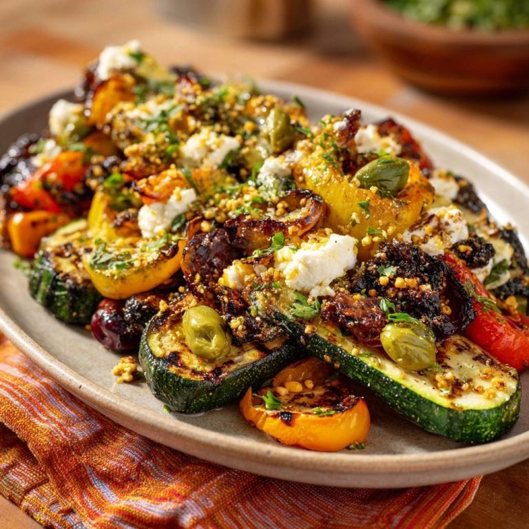 Gegrilltes Sommergemüse mit Feta und Oliven, eine Nahaufnahme mit Fokus auf die Textur und Garnitur des Gerichts auf einer Platte.