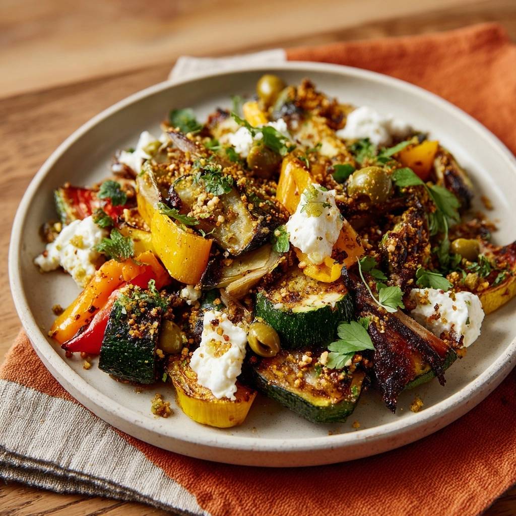 Gegrilltes Sommergemüse mit Feta und Oliven, serviert auf einem Teller mit einer Nahaufnahme der Garnitur aus Kräutern und zerbröseltem Feta.