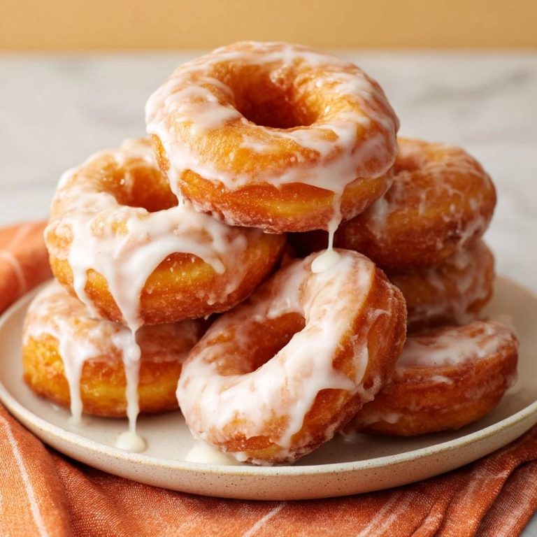 Perfekte Glasur-Donuts, gestapelt auf einem Teller mit fließender, weißer Glasur und einem orangen Tuch im Vordergrund.