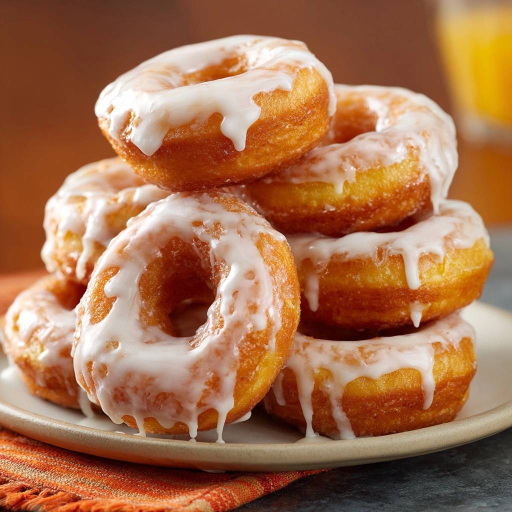 Perfekte Glasur-Donuts, gestapelt und von nah aufgenommen, mit glänzender Zuckerguss-Glasur, die heruntertropft.