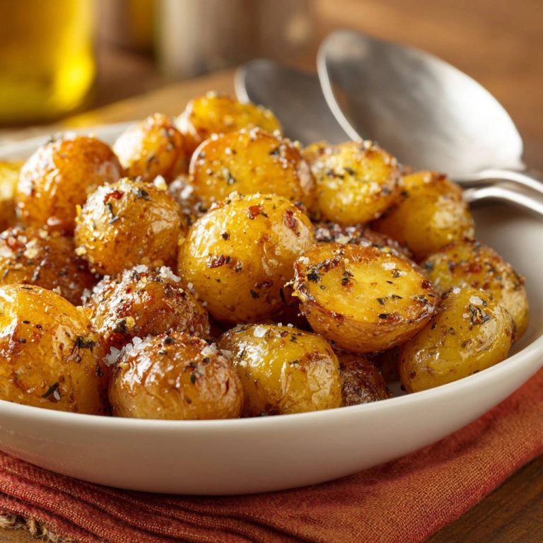 Goldbraune Babykartoffeln mit Kräutern, außen knusprig, innen zart, im Ausschnitt gezeigt mit Gewürzen und Salz.