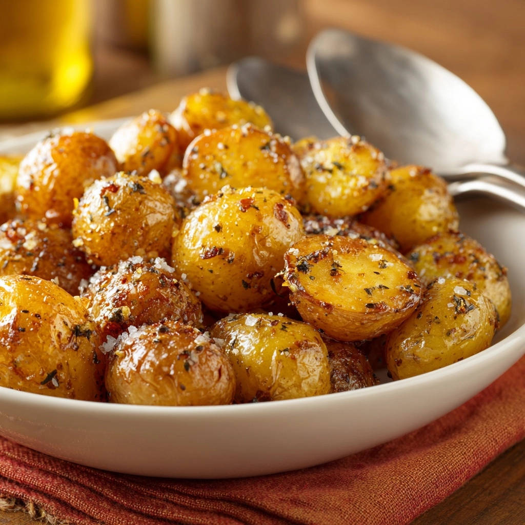 Goldbraune Babykartoffeln mit Kräutern, außen knusprig, innen zart, im Ausschnitt gezeigt mit Gewürzen und Salz.