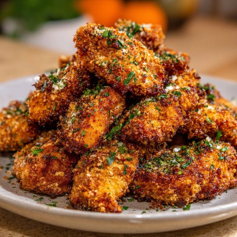 Goldbraune Hähnchen-Sticks mit Parmesan, eine Nahaufnahme, die die knusprige Panade und frische Kräuter zeigt.