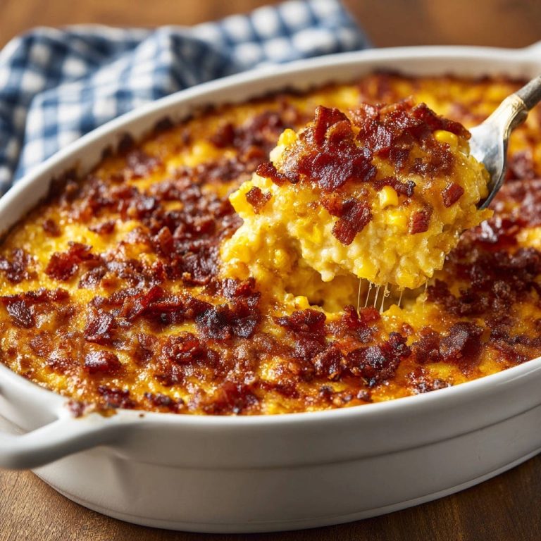 Goldener Maisauflauf mit krossen Bacon-Streuseln, eine Gabel hebt cremig-käsiges Stück heraus