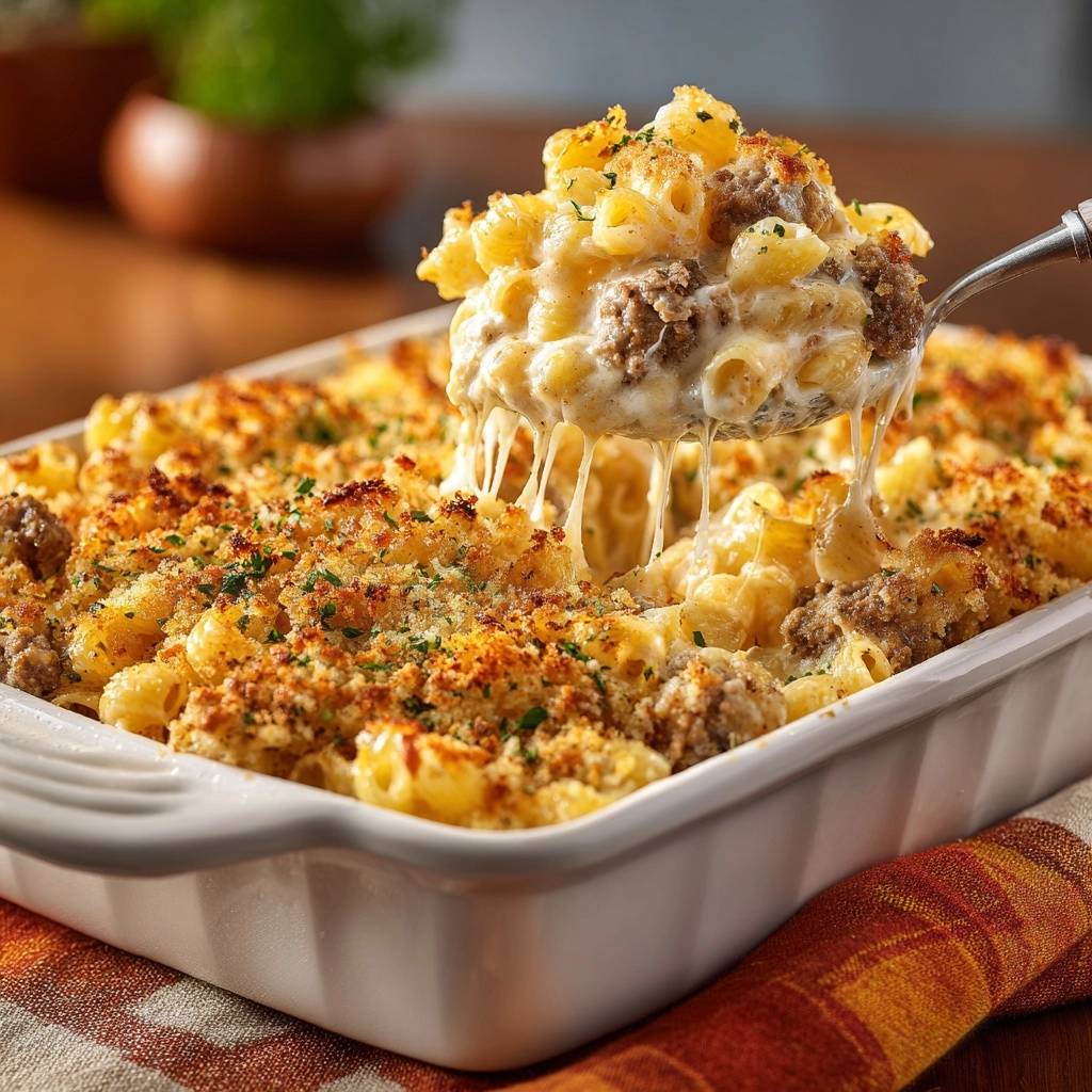 Cremig-knuspriger Hack-Mac-and-Cheese mit geschmolzenem Käse, der von einem Löffel herunterhängt.
