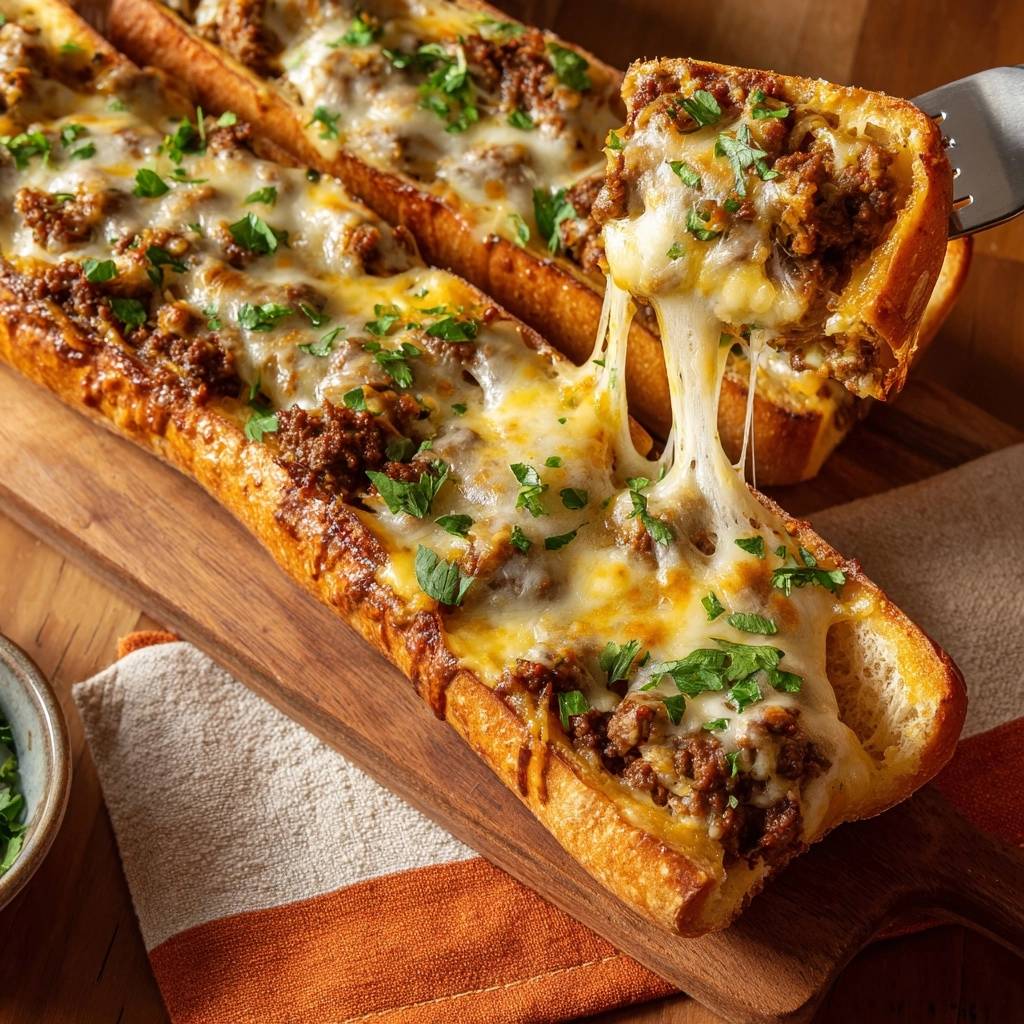Knuspriges Hackfleisch-Baguette mit Käse angeschnitten, wobei der geschmolzene Käse Fäden zieht.