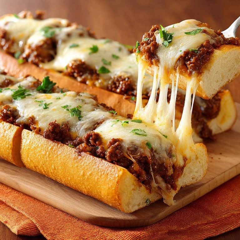 Knuspriges Hackfleisch-Baguette mit Käse wird mit geschmolzenem Käse serviert, der sich dehnt.
