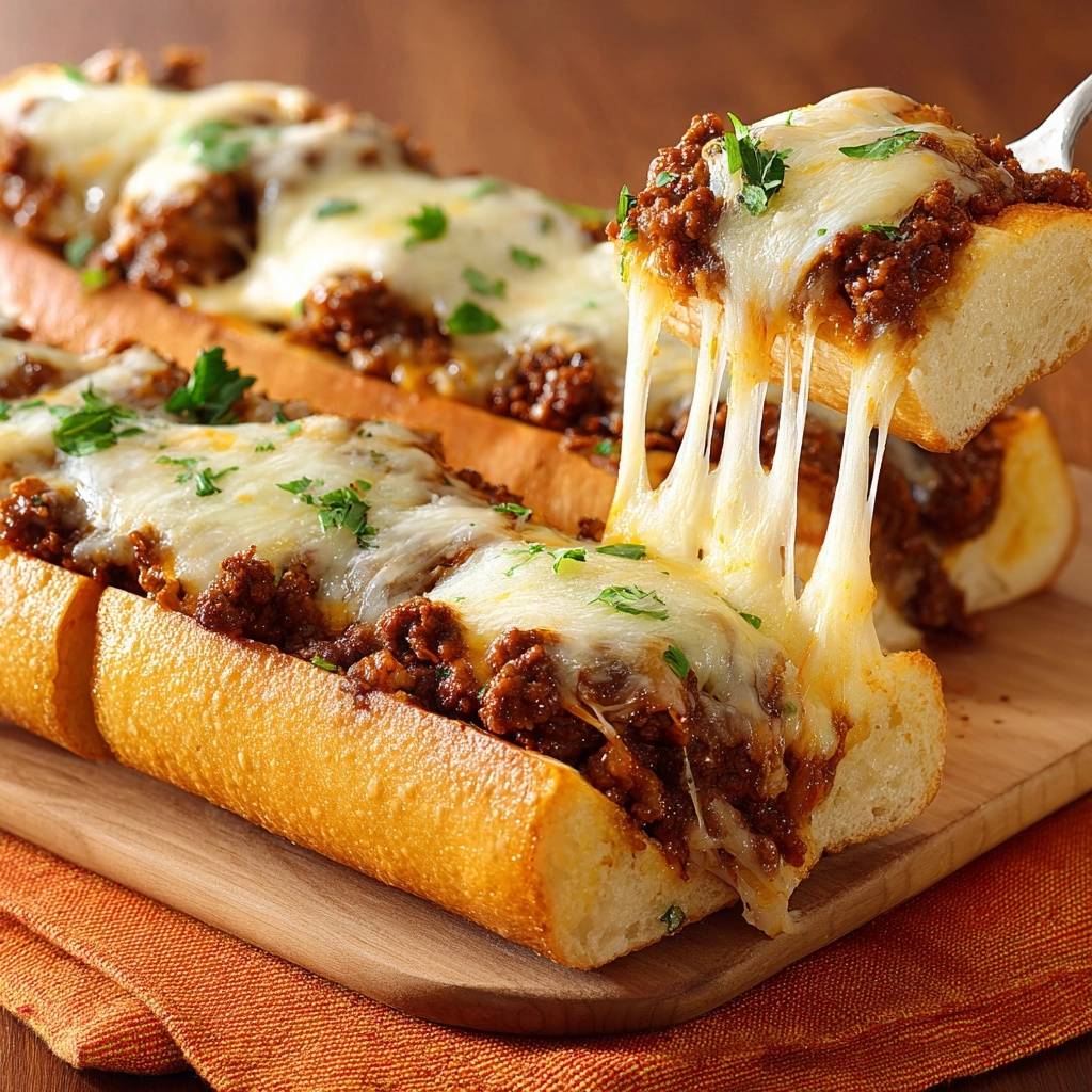 Knuspriges Hackfleisch-Baguette mit Käse wird mit geschmolzenem Käse serviert, der sich dehnt.
