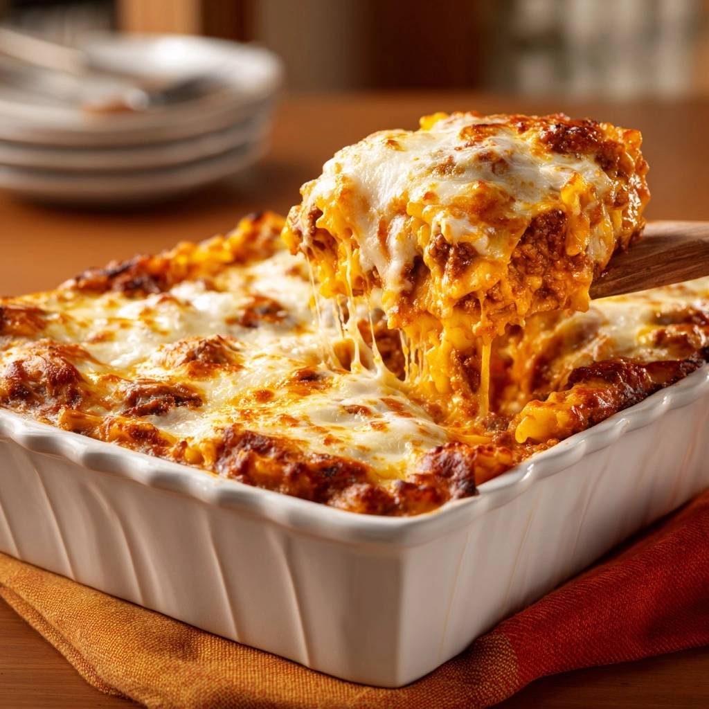 Saftige Hackfleisch-Lasagne angeschnitten mit langem, ziehendem Käse ist im Ofen gebacken und bereit zum Servieren.