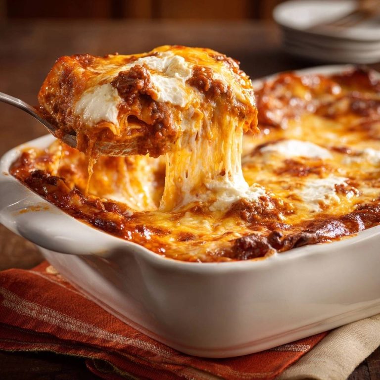 Perfekte Hackfleisch-Lasagne mit einem Stück, das mit geschmolzenem Käse aus der Auflaufform gezogen wird.