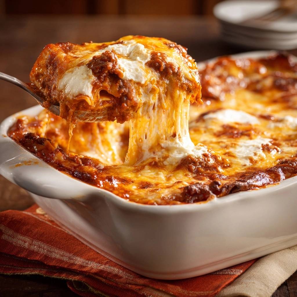 Perfekte Hackfleisch-Lasagne mit einem Stück, das mit geschmolzenem Käse aus der Auflaufform gezogen wird.