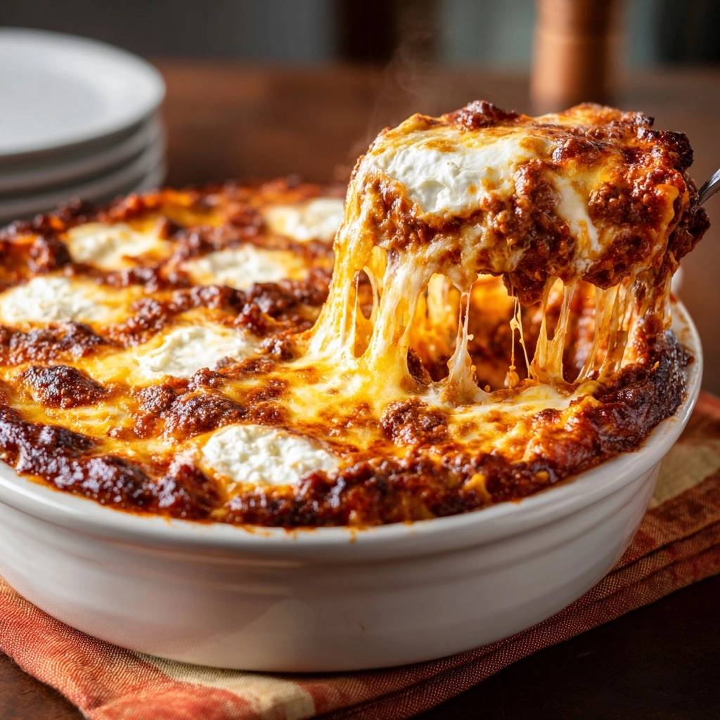 Perfekte Hackfleisch-Lasagne mit zart schmelzendem Käse, der beim Anheben Fäden zieht.
