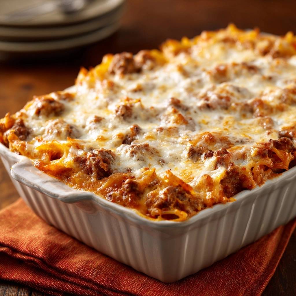Saftige Hackfleisch-Lasagne mit geschmolzenem Käse in einer weißen Auflaufform, Nahaufnahme der Käsekruste.