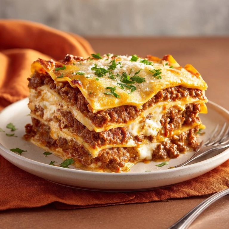Perfekte Hackfleisch-Lasagne im Querschnitt mit reichlich Fleischsoße und Käse, garniert mit Petersilie.