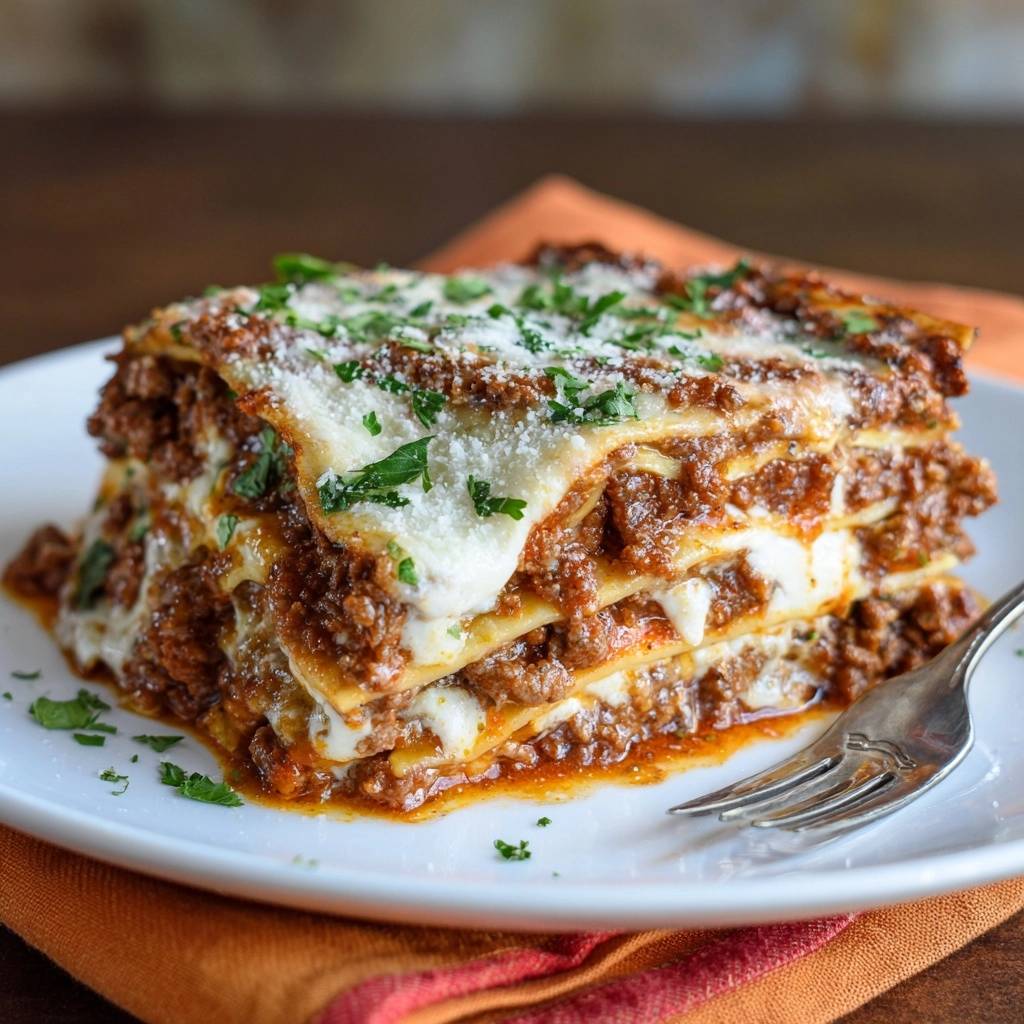 Perfekte Hackfleisch-Lasagne als Anschnitt auf einem Teller mit einer Gabel, bereit zum Servieren.