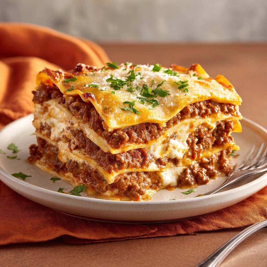 Perfekte Hackfleisch-Lasagne im Querschnitt mit reichlich Fleischsoße und Käse, garniert mit Petersilie.