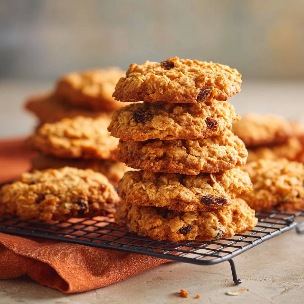 Knusprige Hafer-Rosinen-Cookies werden auf einem schwarzen Kühlgitter gestapelt, mit einem orangen Tuch im Hintergrund.