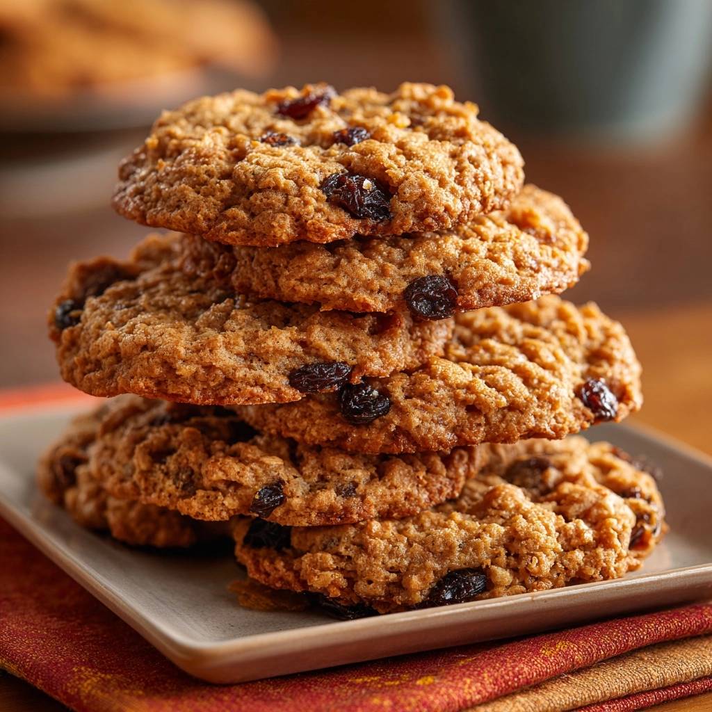Knusprige Hafer-Rosinen-Cookies gestapelt auf einem Teller, Nahaufnahme der Textur und Rosinen