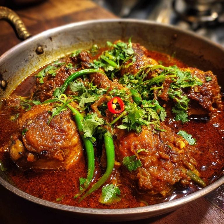 Hähnchen Karahi, ein würziges Gericht, das mit frischem Koriander, grünen Chilis und einer Scheibe roter Chili garniert ist.