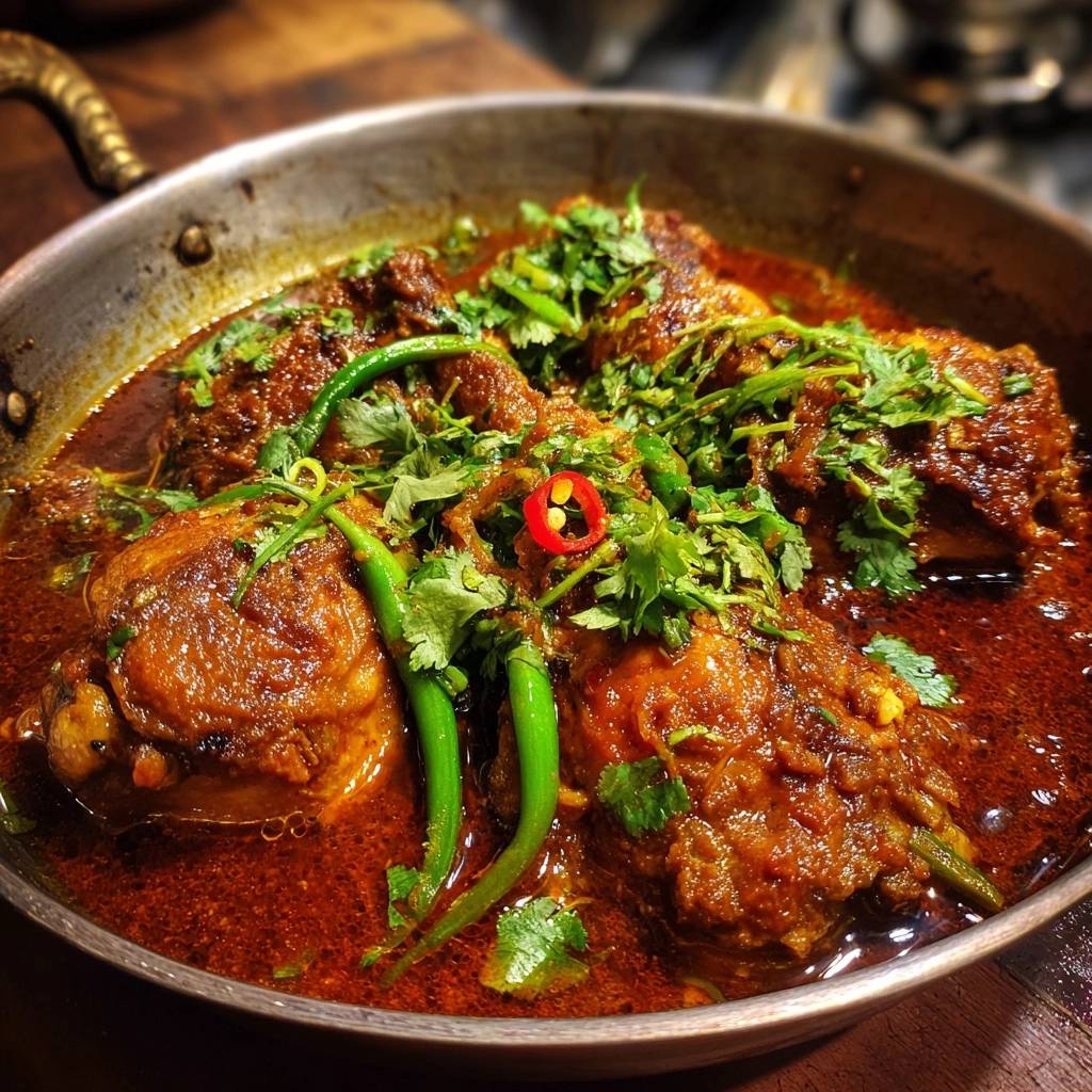 Hähnchen Karahi, ein würziges Gericht, das mit frischem Koriander, grünen Chilis und einer Scheibe roter Chili garniert ist.