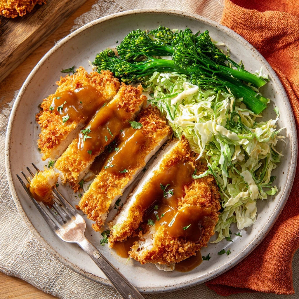 Saftiges Hähnchen Katsu mit knackigem Brokkoli, angeschnitten und mit Sauce übergossen, auf einem Teller serviert.