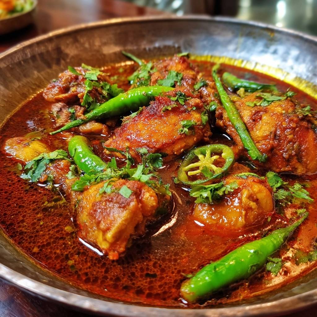 Hähnchen Karahi im Detail mit grünen Chilis und frischem Koriander, serviert in einer rustikalen Metallschale.